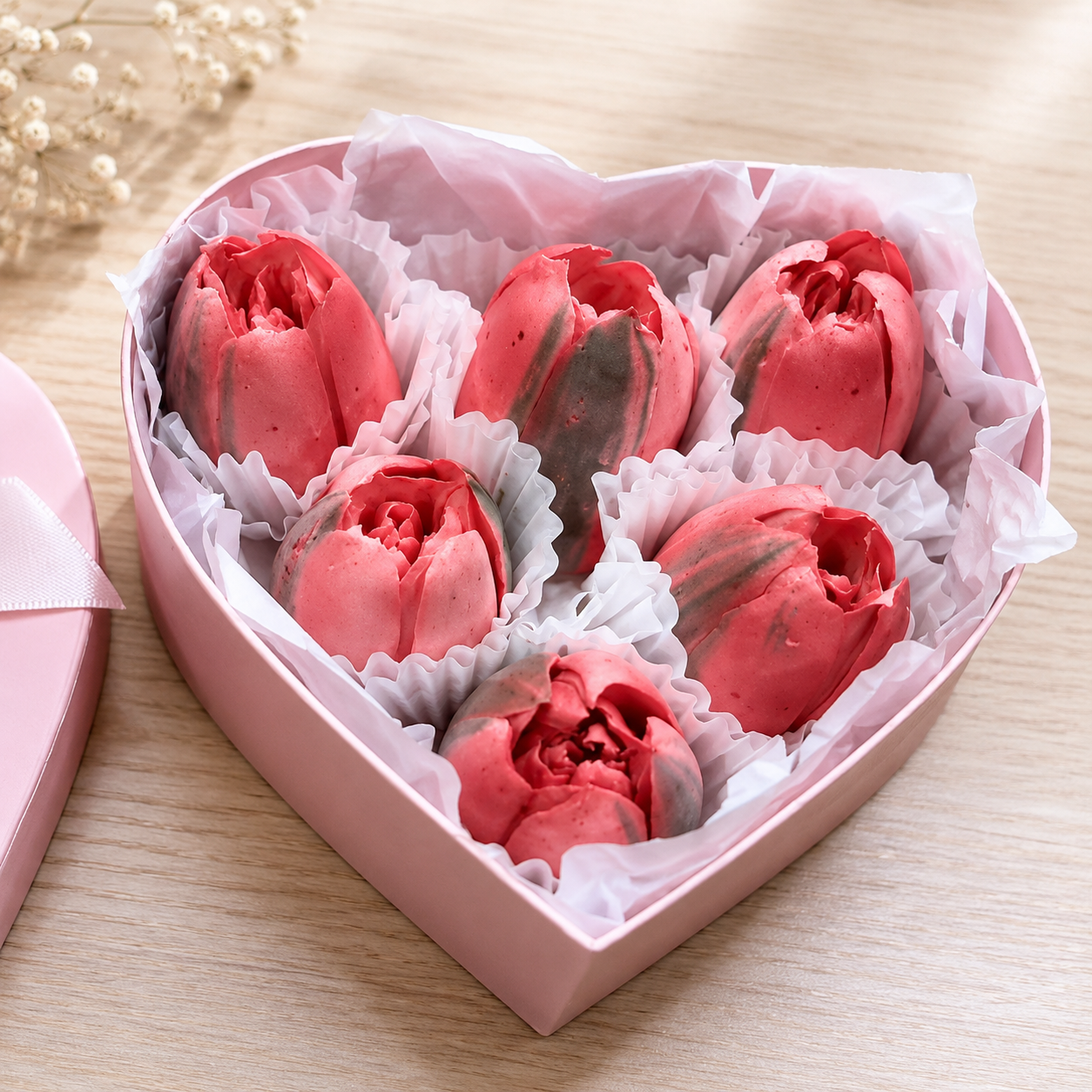 Heart Box with 6 Handmade Zefir Tulips